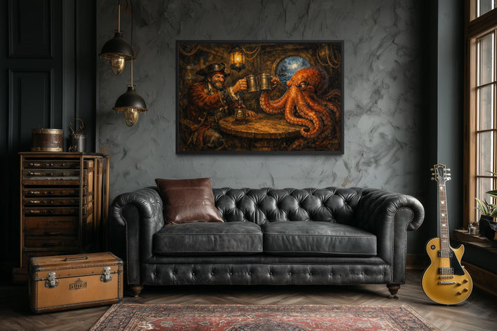 A canvas print of a pirate and octopus drinking rum hangs in a moody, industrial-style living room.