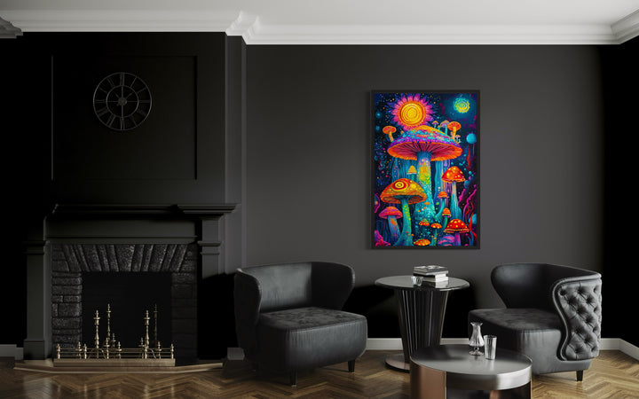 Trippy Mushrooms Framed Canvas Wall Art in living room