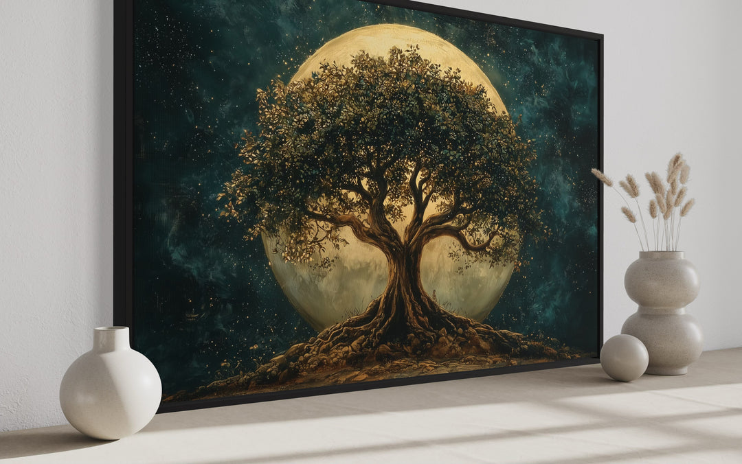 Green Tree Of Life At Night Under Big Moon Framed Canvas Wall Art side view