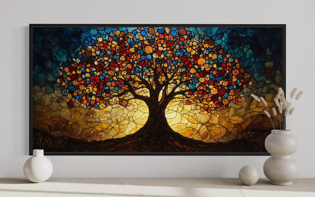 Yggdrasil Framed Canvas Wall Art In Stained Glass Style close up