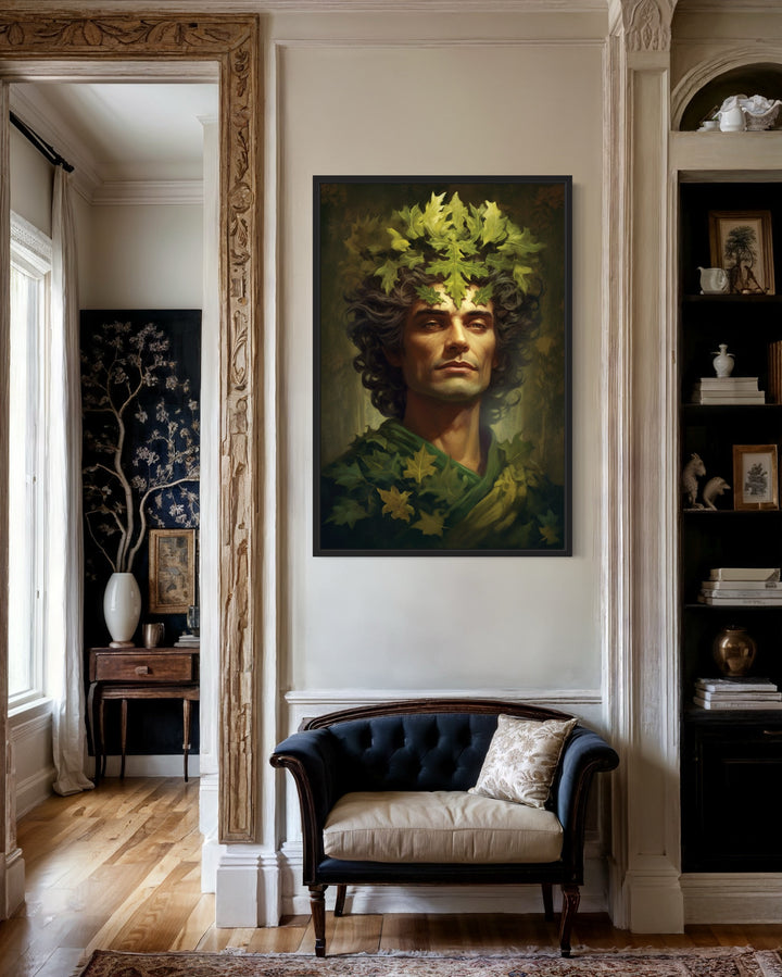 Green Man Realistic Portrait Celtic Mythology Framed Canvas Wall Art in living room