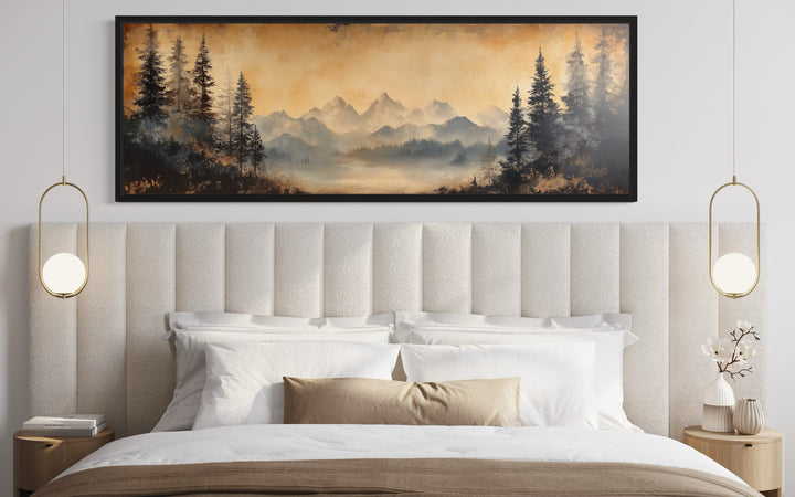 Moody Orange Mountain Lake Landscape Long Horizontal Above Bed Framed Canvas Wall Art above beige bed