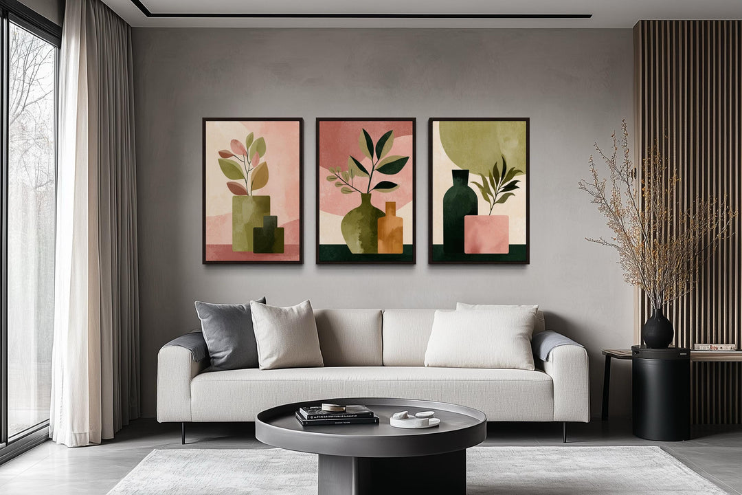 Set of 3 Framed Minimalist Botanical Blush Pink and Olive Green Vases With Leaves Wall Art