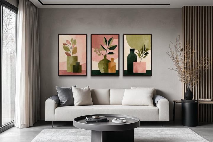 Set of 3 Framed Minimalist Botanical Blush Pink and Olive Green Vases With Leaves Wall Art