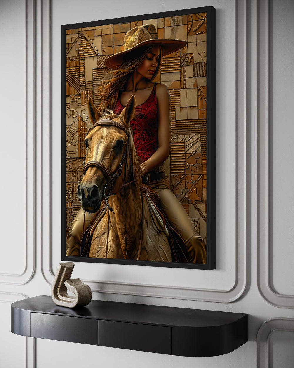 Black Cowgirl on Horse Framed Canvas Wall Art side view