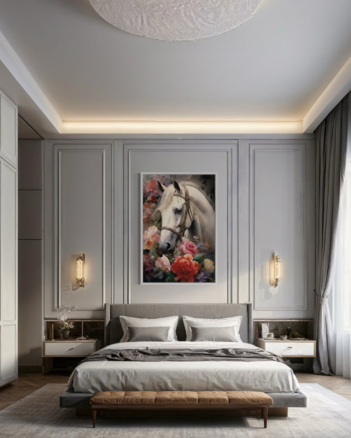 White Horse with Flowers Framed Canvas Wall Art above bed