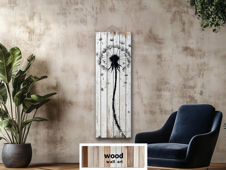 Tall Vertical Dandelion Wall Art - Whitewashed Distressed Wood Slim Rustic Floral Decor