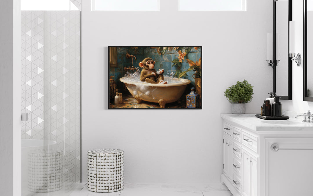 Monkey in a Bathtub Framed Canvas Wall Art in bathroom