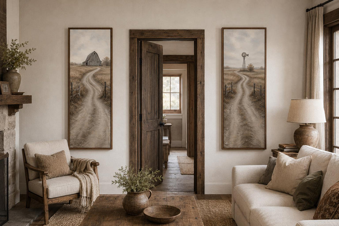 Set of 2 tall narrow farmhouse wall art panels featuring a barn and windmill on winding dirt roads.
