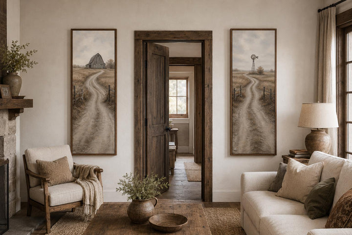 Set of 2 tall narrow farmhouse wall art panels featuring a barn and windmill on winding dirt roads.