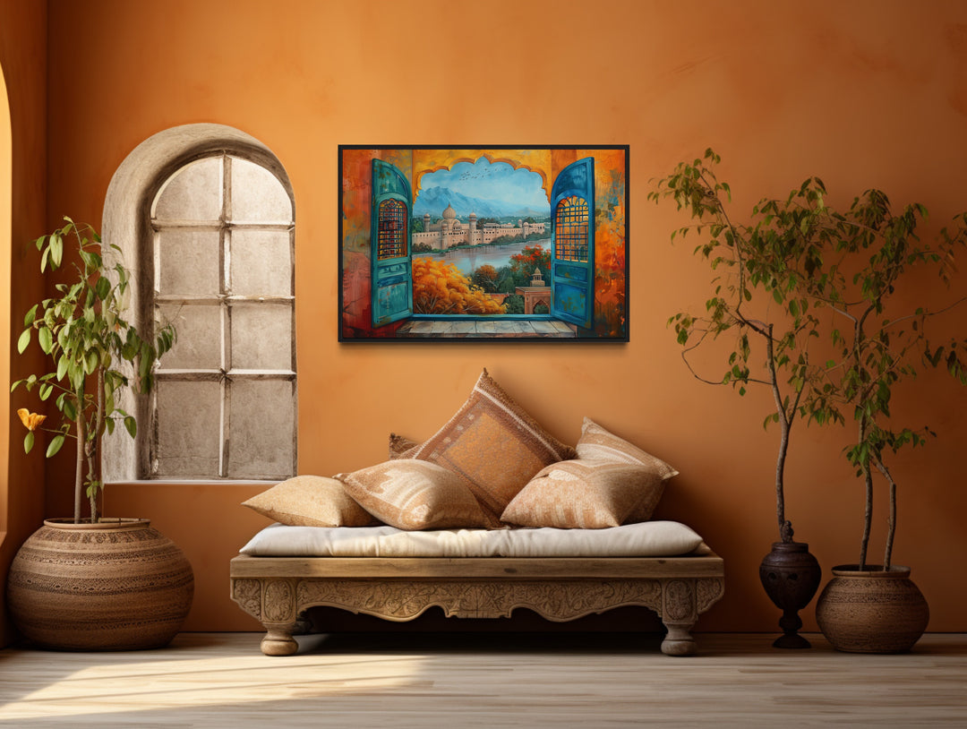 Window to India Canvas Wall Art - Vibrant Indian Grand Palace Landscape in indian living room