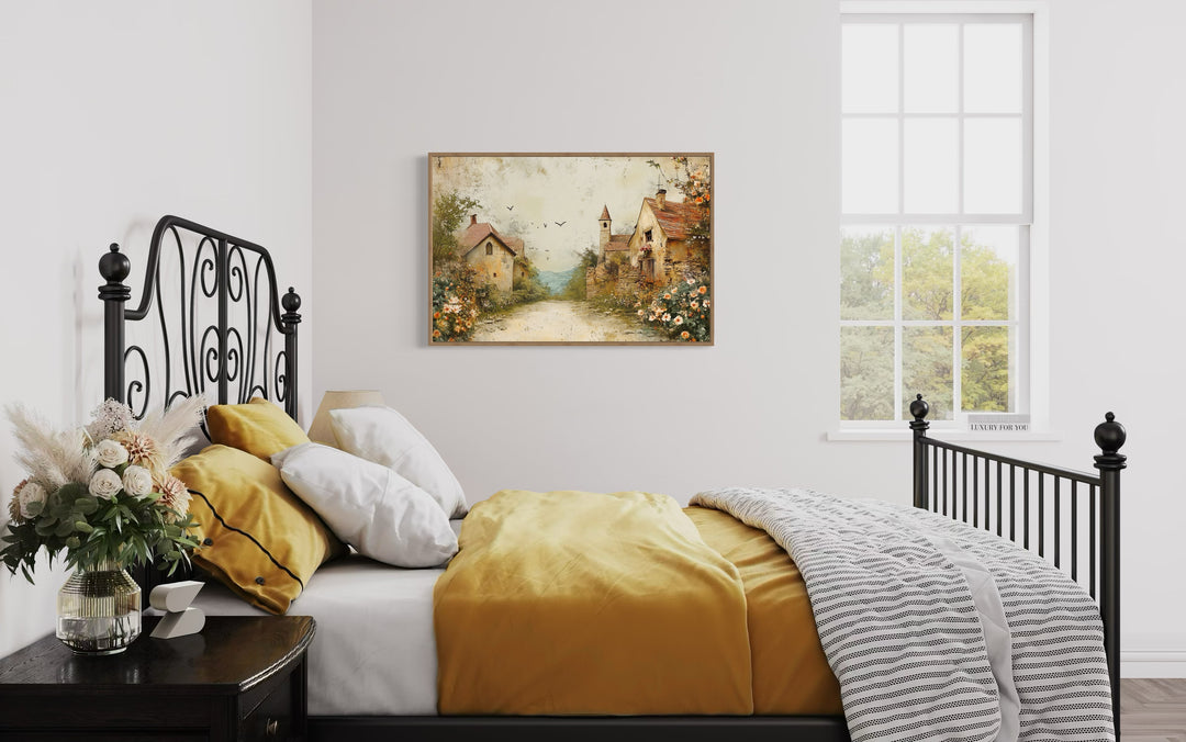 Rustic Charming Countryside Cottage And Floral Garden Canvas Wall Art in a bed room with a neatly made bed