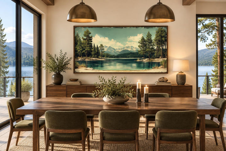 Lake, Mountains And Pine Forest Nature Vintage Style Canvas Wall Art