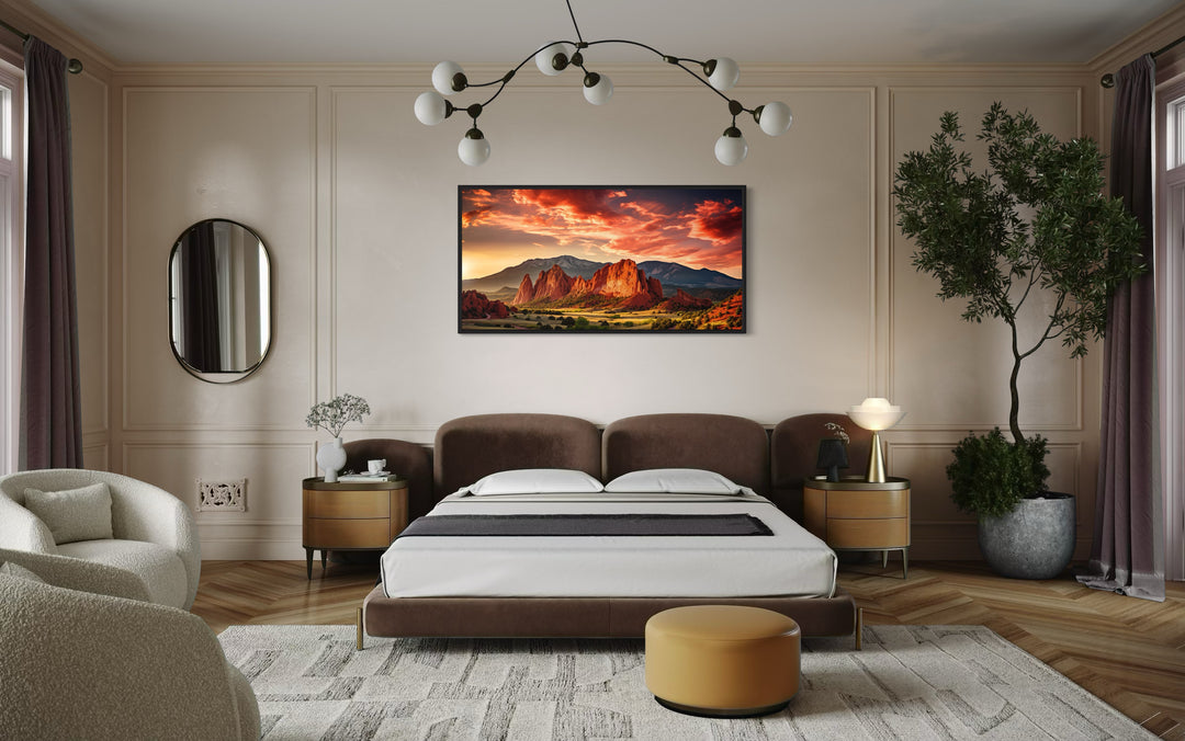 Garden of the Gods Pikes Peak Colorado Mountains Framed Canvas Wall Art above bed