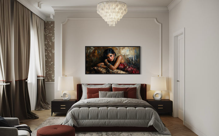 Beautiful Sexy Brunette Woman In Red Dress Framed Canvas Wall Art in a bed room with a neatly made bed