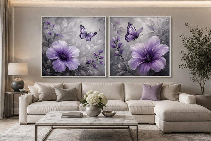 Set of 2 purple hibiscus flower canvases with butterflies on a moody gray floral background.