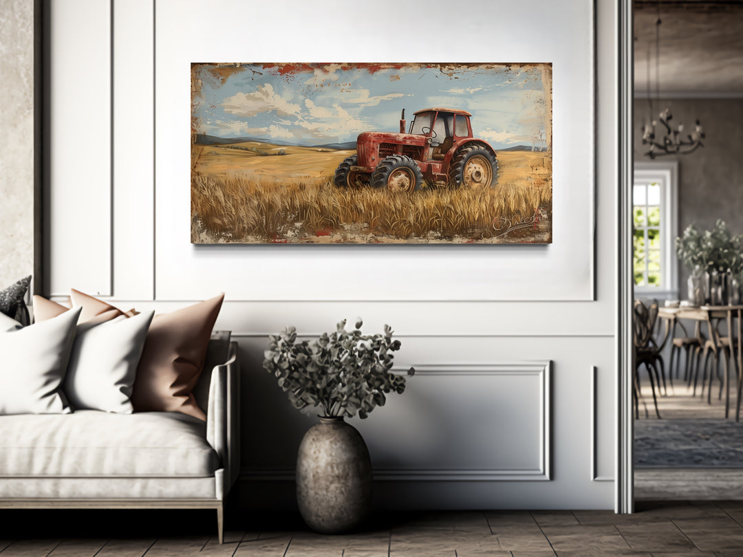 Vintage Old Red Tractor In The Wheat Field Rustic Canvas Wall Art