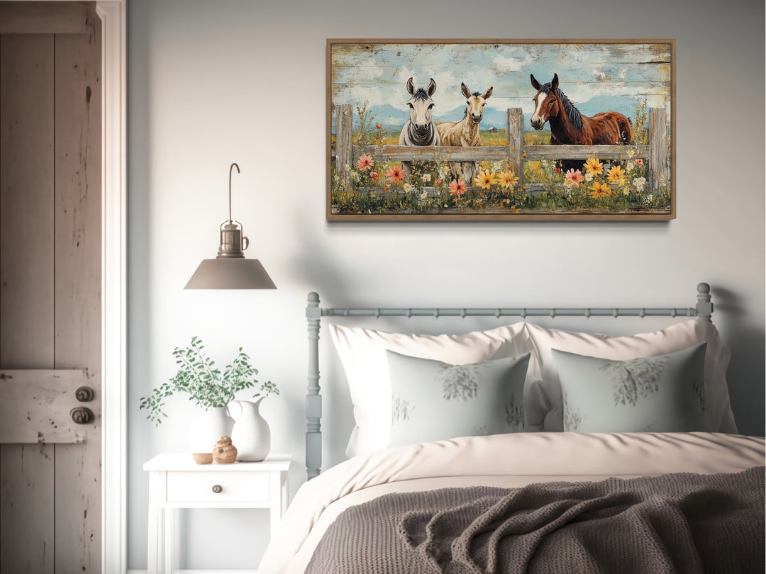 Rustic Horse and Donkey Country Farmhouse Canvas Wall Decor above rustic bed