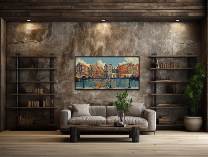 Amsterdam Canal And Bicycle Canvas Wall Art a living room with a couch a table and a book shelf