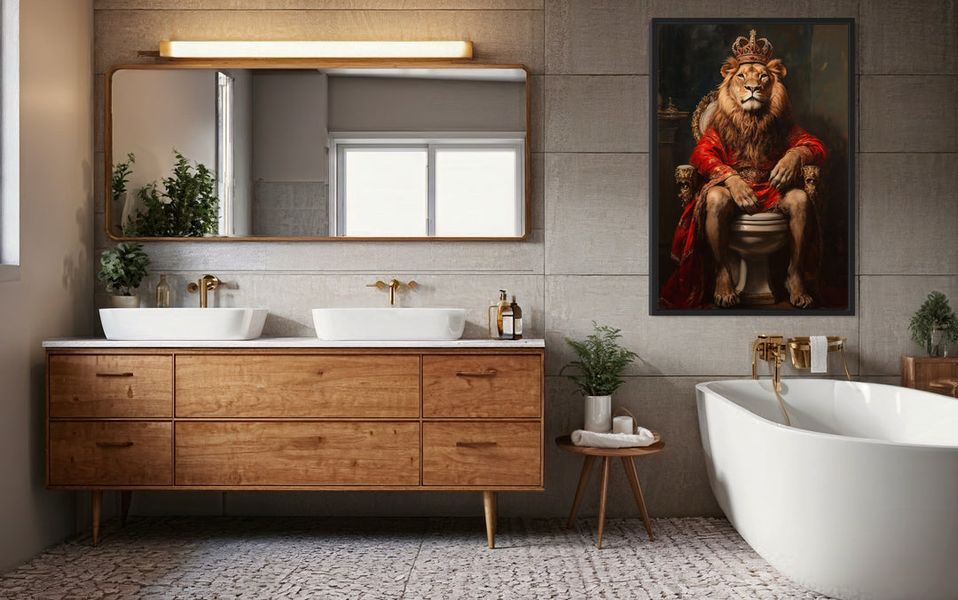 Royal Lion With Crown Sitting on Toilet Framed Canvas Wall Art in bathroom