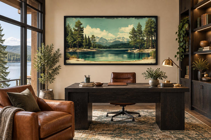 Lake, Mountains And Pine Forest Nature Vintage Style Canvas Wall Art