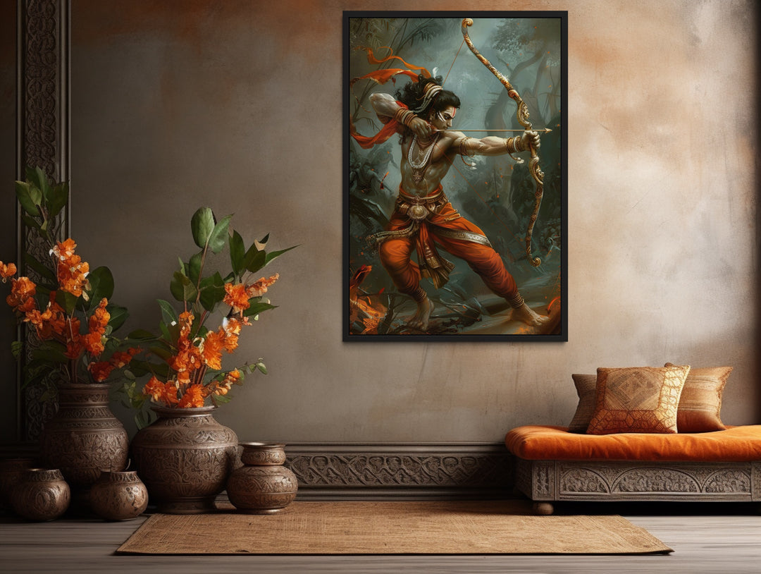 Lord Rama Fighting Demons With Bow And Arrow Framed Canvas Wall Art in Indian room