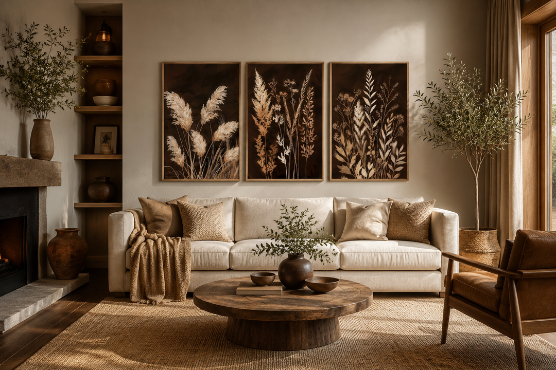 Set of 3 brown and beige boho botanical grass canvas wall art prints in a cozy living room.