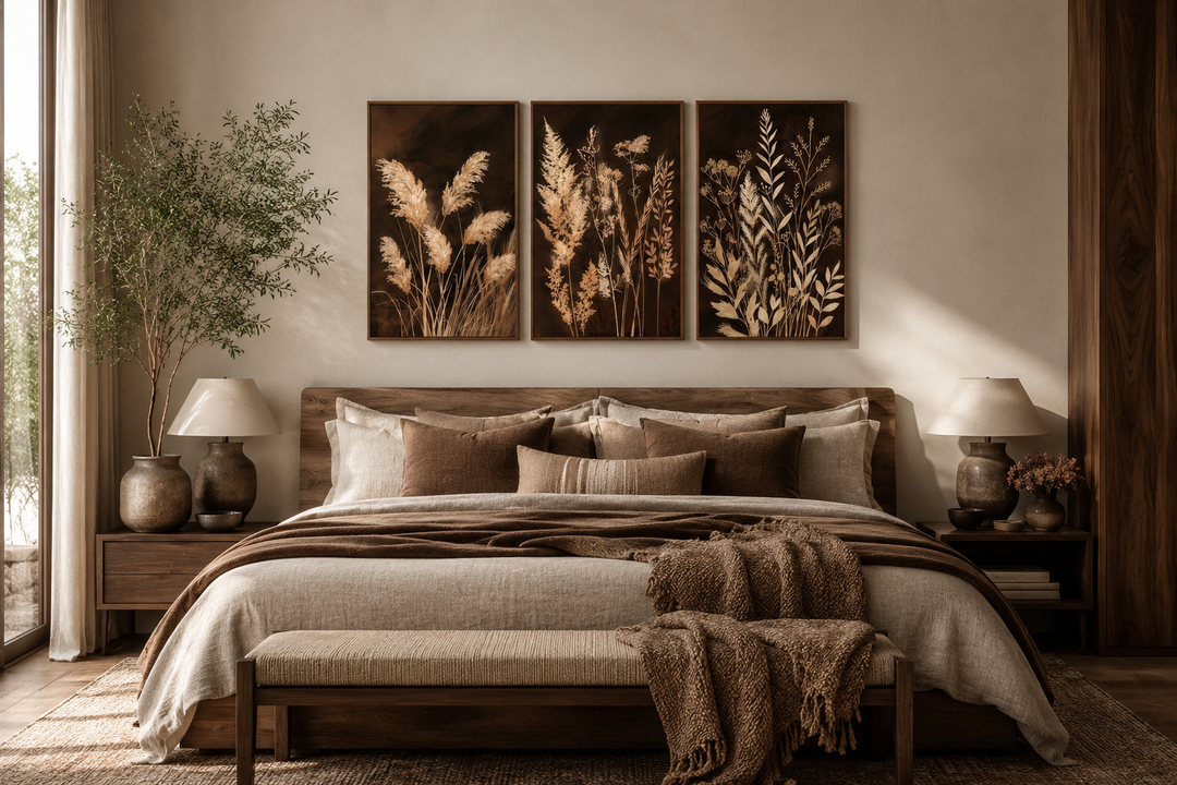 Set of 3 brown and beige boho botanical grass canvas wall art prints above a bed.