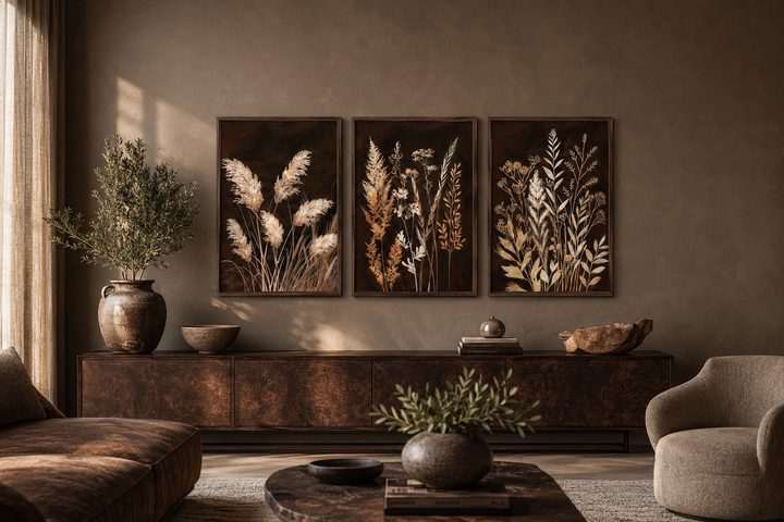 Set of 3 brown and beige boho botanical grass canvas wall art prints in a living room setting.