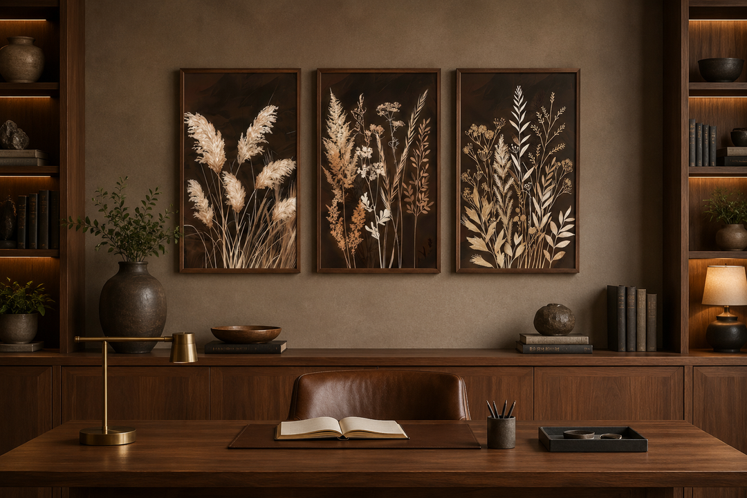 Set of 3 vertical canvas wall art featuring beige botanical grass on a dark brown earth tone base.
