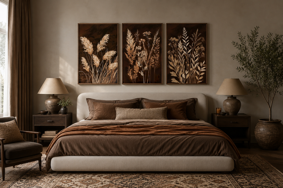 Set of 3 vertical canvas wall art pieces featuring botanical grass on brown earth tone backgrounds.