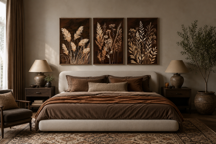 Set of 3 vertical canvas wall art pieces featuring botanical grass on brown earth tone backgrounds.