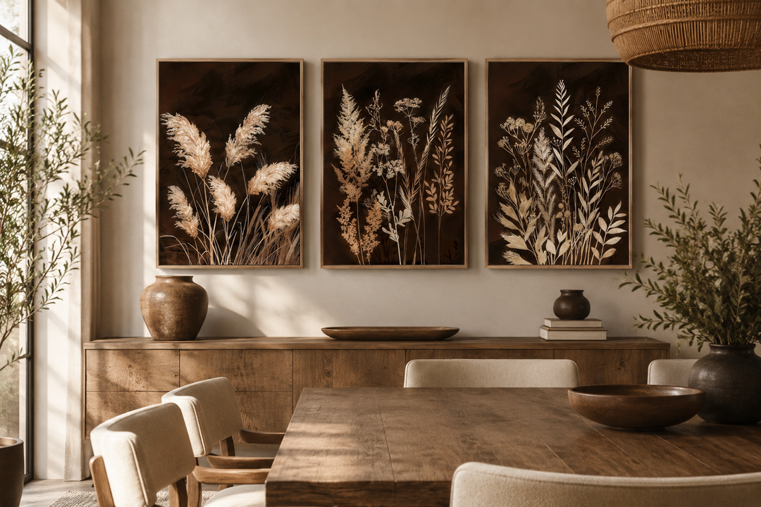 Set of 3 brown and beige boho grass canvas wall art prints in a rustic dining room setting.