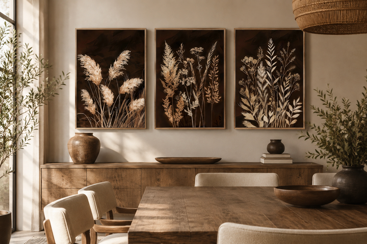 Set of 3 brown and beige boho grass canvas wall art prints in a rustic dining room setting.