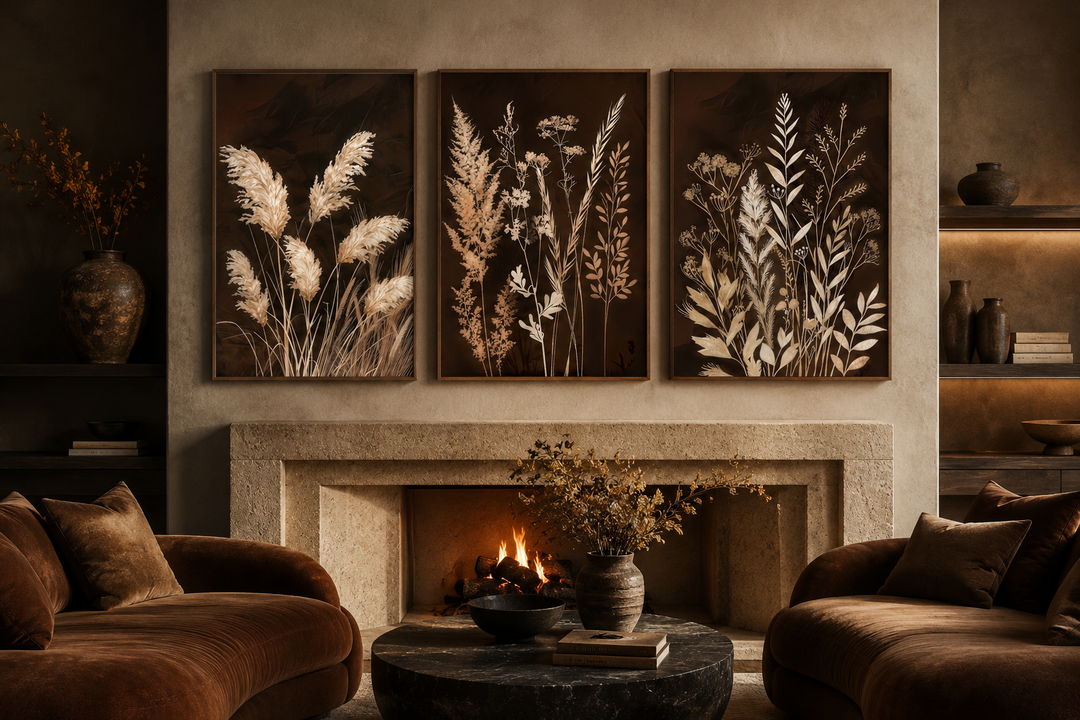 Set of 3 brown and beige boho grass canvas wall art prints above a fireplace in a living room.