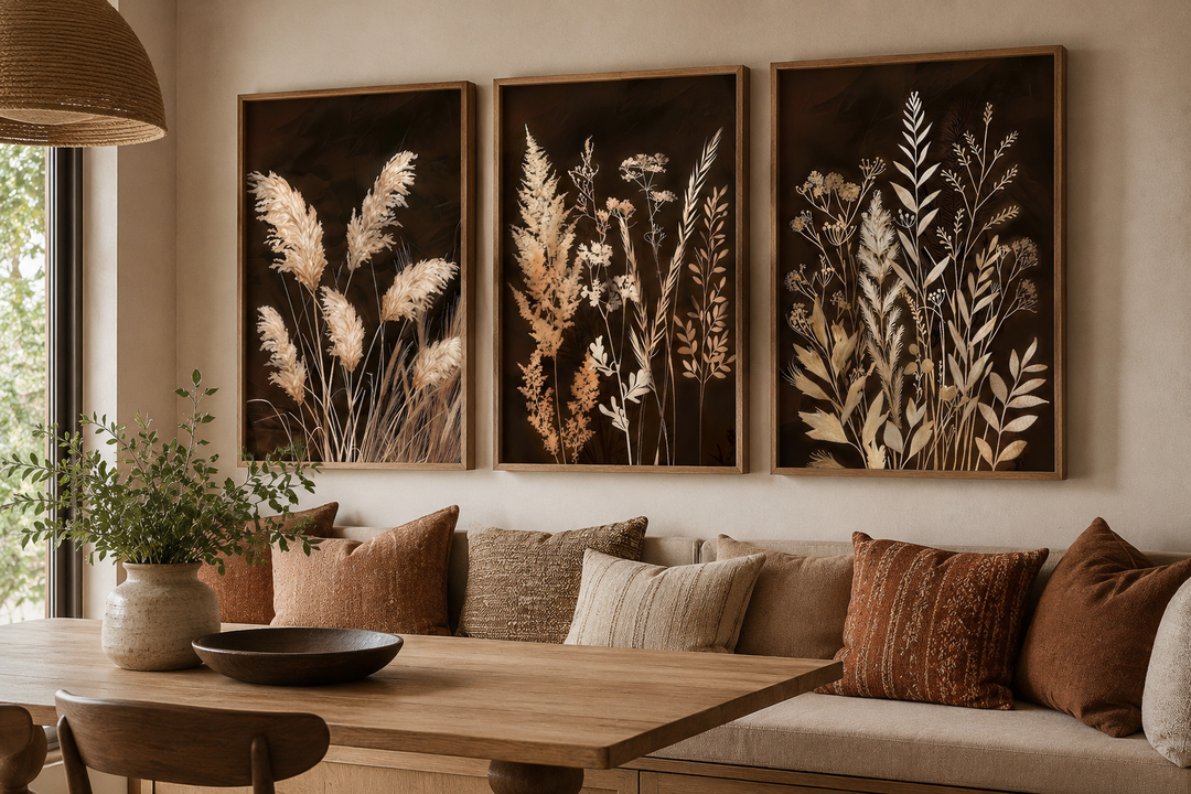 Set of 3 brown and beige boho canvas wall art featuring botanical grass on earth tone backgrounds.