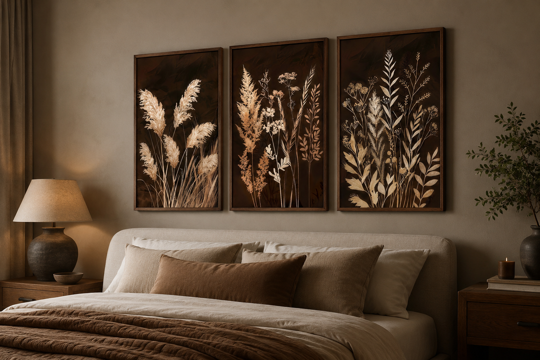 Set of 3 vertical canvas wall art featuring beige botanical grass on a dark brown background.
