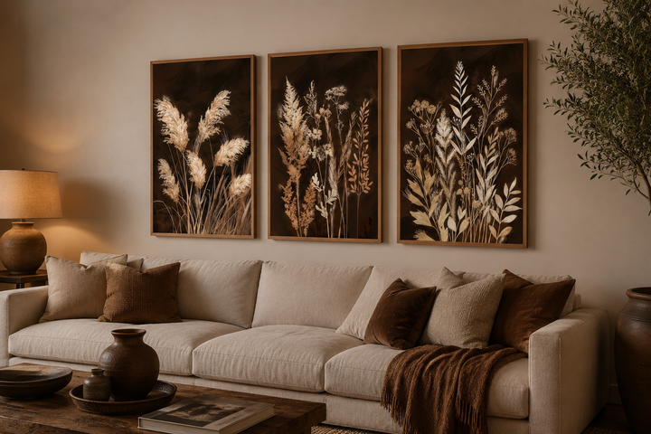 Set of 3 brown and beige boho grass canvas wall art pieces hanging above a neutral sofa.