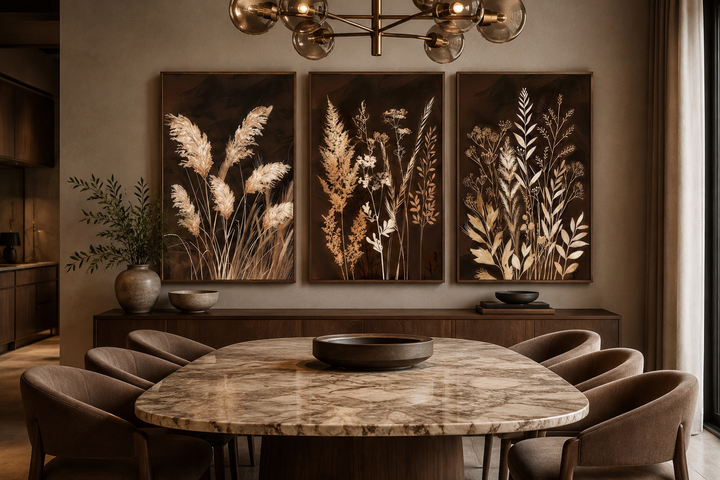 Set of 3 vertical canvases featuring botanical grass illustrations in brown and beige earth tones.