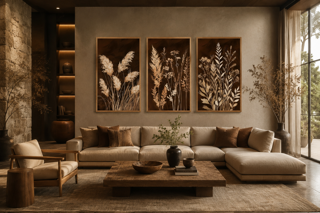 Set of 3 vertical canvas wall art featuring botanical grass on a brown and beige earth tone background