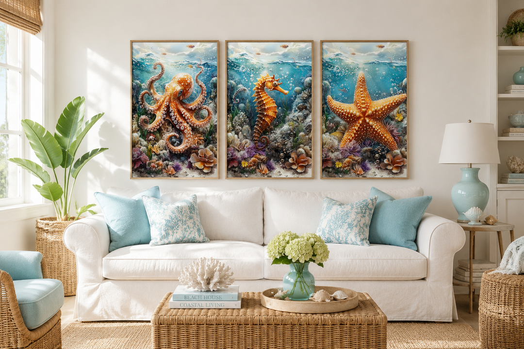 Three-piece framed canvas wall art set featuring an octopus, seahorse, and starfish in a beach room.