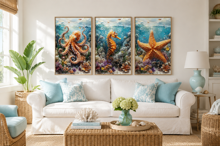Three-piece framed canvas wall art set featuring an octopus, seahorse, and starfish in a beach room.
