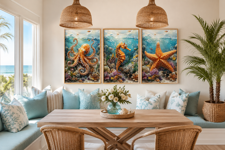 3 piece framed canvas wall art set featuring an octopus, seahorse, and starfish in a coastal room.