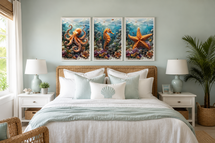 3 piece framed canvas wall art set featuring an octopus, seahorse, and starfish above a bed.