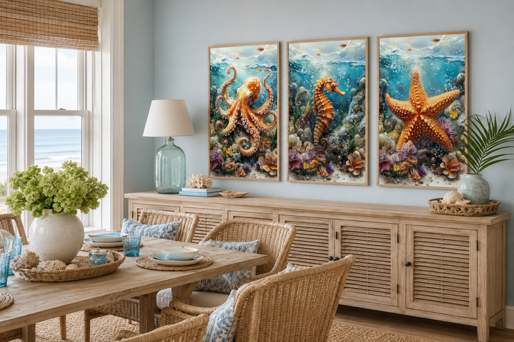 3 piece framed canvas wall art set featuring an octopus, seahorse, and starfish in a beach house.