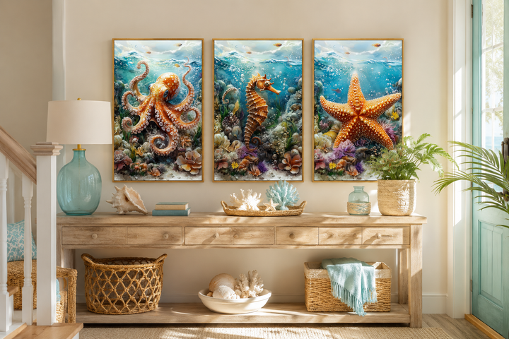3 piece framed canvas wall art set featuring an octopus, seahorse, and starfish in a beach house.