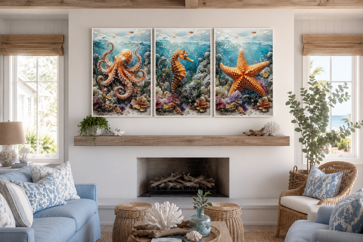 3 piece framed canvas wall art of an octopus, seahorse, and starfish above a fireplace.