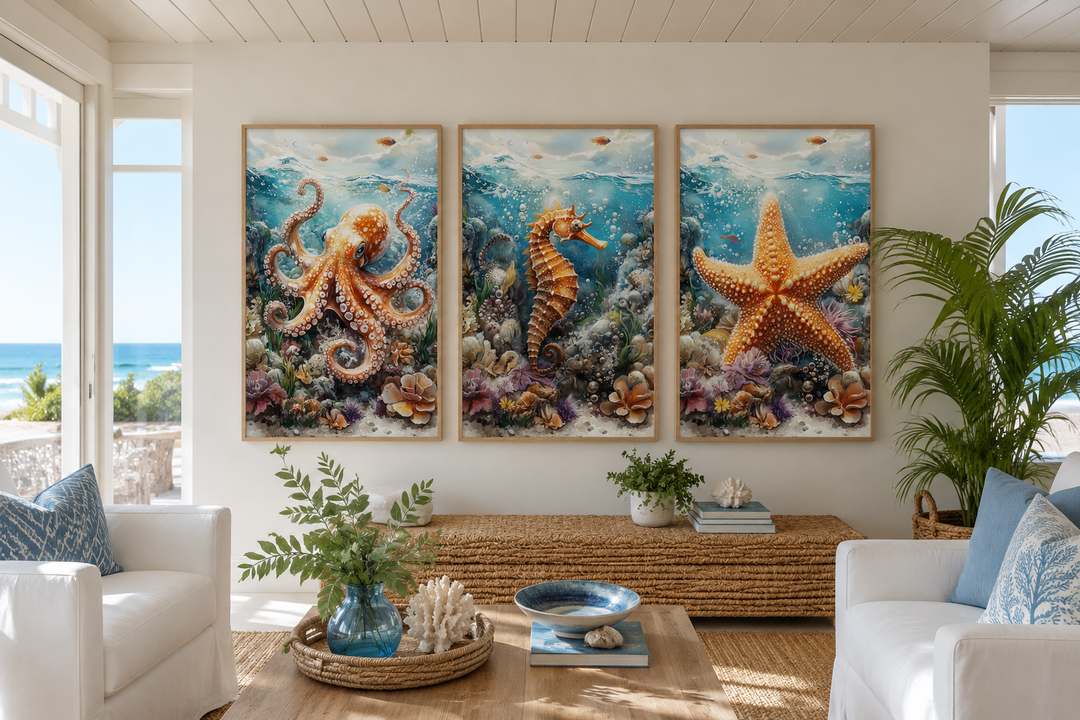3 piece framed canvas wall art set featuring an octopus, seahorse, and starfish in a beach house.