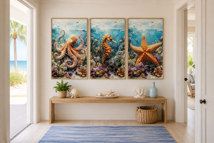 3 piece framed canvas wall art set featuring an octopus, seahorse, and starfish in a beach house.