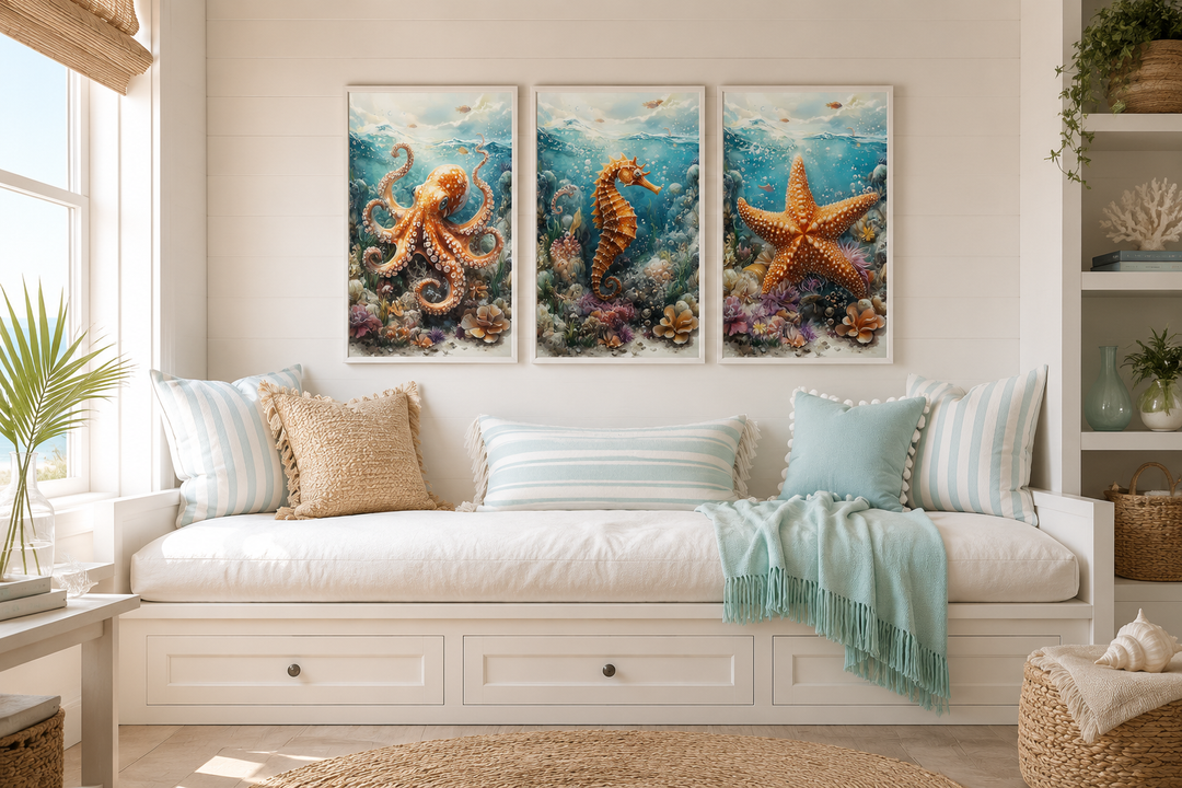 3 piece framed canvas wall art set featuring an octopus, seahorse, and starfish in a beach house.